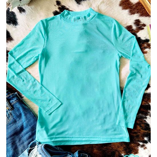 Turquoise Mesh Long Sleeve Top with Rhinestones - Rhinestone Gal