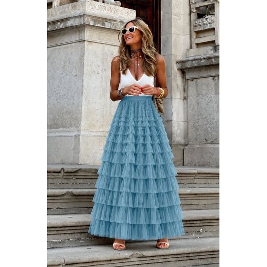 Cyan Layered Mesh Tulle Maxi Skirt