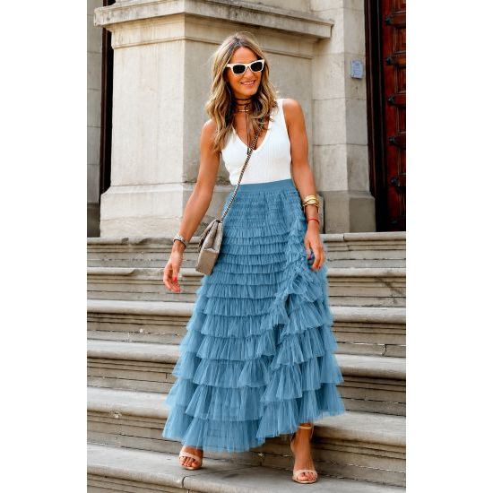 Cyan Layered Mesh Tulle Maxi Skirt