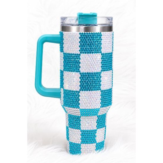 40 oz Turquoise Checkered Rhinestone Tumbler
