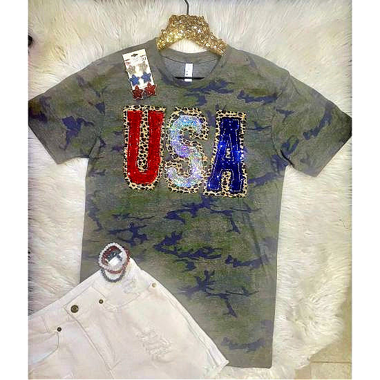 USA Sequin Leopard Camo Tee
