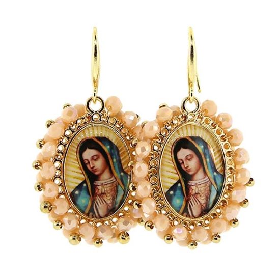 Beige Beaded Earrings with Our Lady of Guadalupe