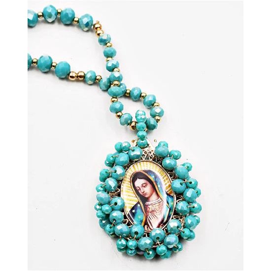 Long Turquoise Beaded Necklace with Virgin Mary Pendant - Rhinestone Gal