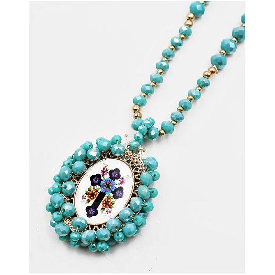 Long Turquoise Beaded Necklace with Virgin Mary Pendant - Rhinestone Gal