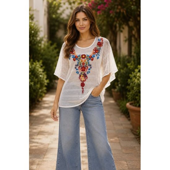 White Floral Embroidered Mesh Poncho Top