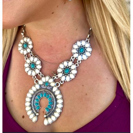 White & Turquoise Squash Blossom Necklace and Earring Set