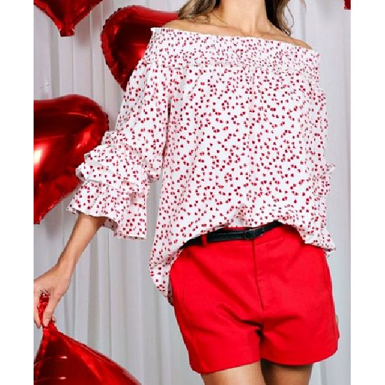 White Heart Print Smocked Off-Shoulder Ruffle Sleeve Blouse