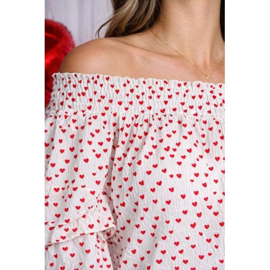 White Heart Print Smocked Off-Shoulder Ruffle Sleeve Blouse