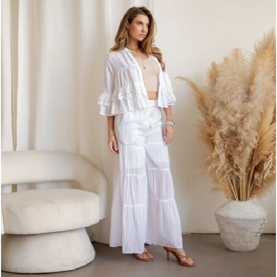 White Tiered Crochet Lace Shrug & High-Waist Pant Set