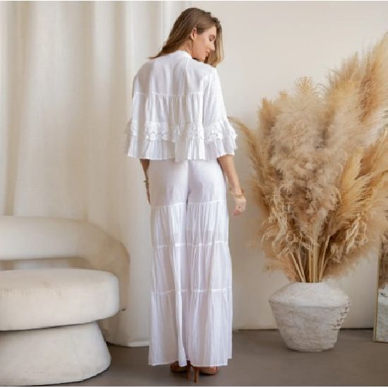 White Tiered Crochet Lace Shrug & High-Waist Pant Set