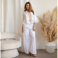 White Tiered Crochet Lace Shrug & High-Waist Pant Set