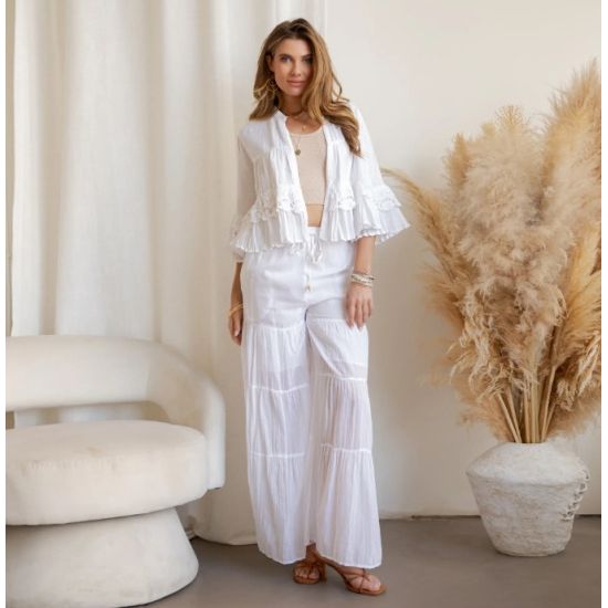 White Tiered Crochet Lace Shrug & High-Waist Pant Set