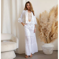 White Tiered Crochet Lace Shrug & High-Waist Pant Set