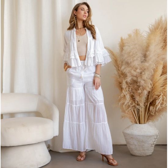 White Tiered Crochet Lace Shrug & High-Waist Pant Set