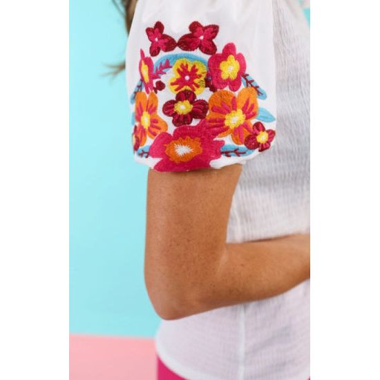 White Sands Textured Top with Embroidered Puff Sleeves