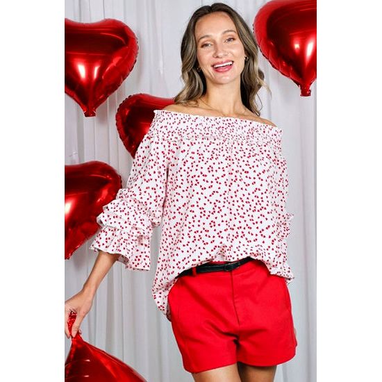 Ruffled Off-Shoulder Heart Print Blouse