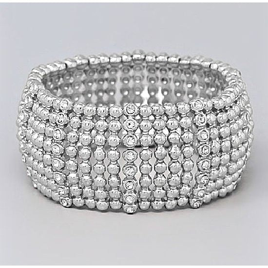 Rhodium-Finish Wide Beaded Stretch Bracelet