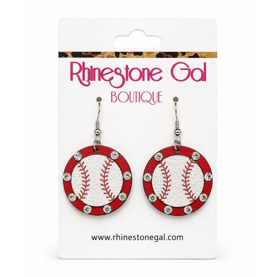 Red Outlined Baseball Wood Earrings with Rhinestones