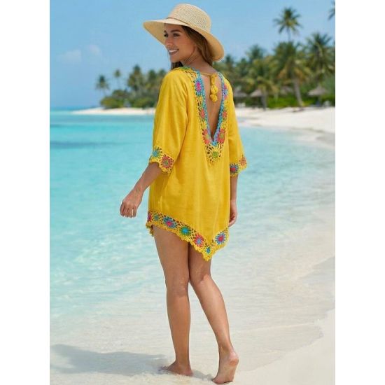 Sunny Yellow Floral Crochet Beach Cover Up