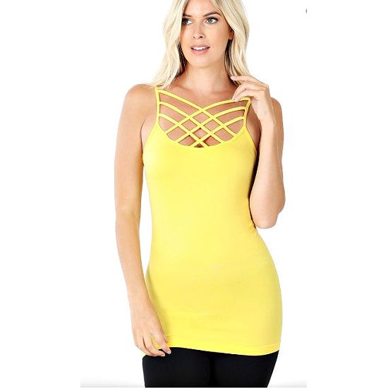 Yellow Strappy Criss Cross Cami - Rhinestone Gal