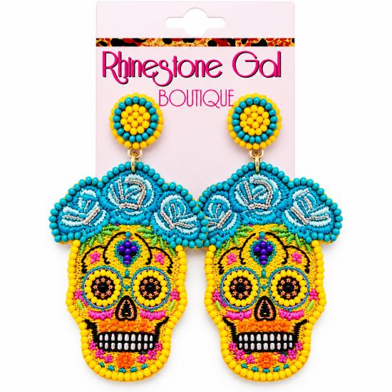 Yellow Seed Beaded Sugar Skull Earrings