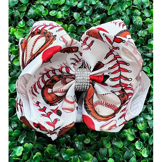 Baseball Print Hair Bow with Rhinestone Center - Rhinestone Gal