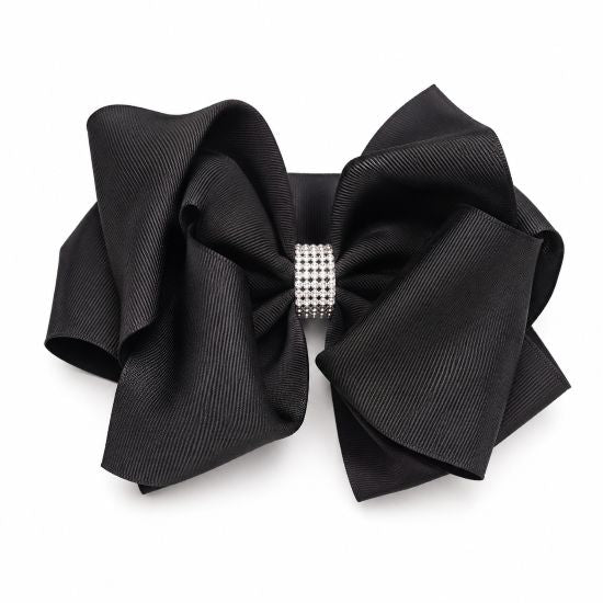 Large Black Double Hair Bow with Rhinestone Center