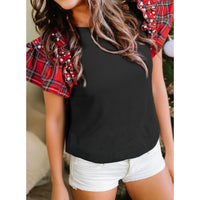 Black Top with Red Plaid Pearl-Embellished Ruffle Sleeves