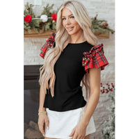 Black Top with Red Plaid Pearl-Embellished Ruffle Sleeves