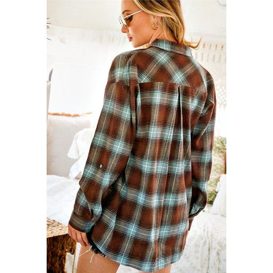 Misty Blue and Brown Flannel Plaid Button Down Top