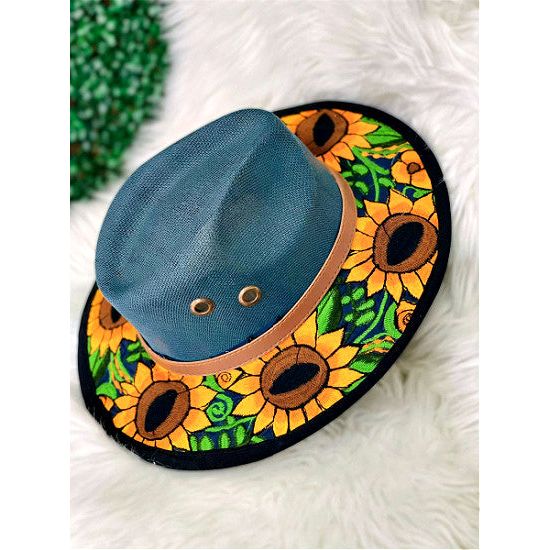 Blue Fedora Style Hat with Embroidered Sunflowers - Rhinestone Gal