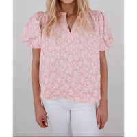 Blush Textured Floral Ruffle Neck Top