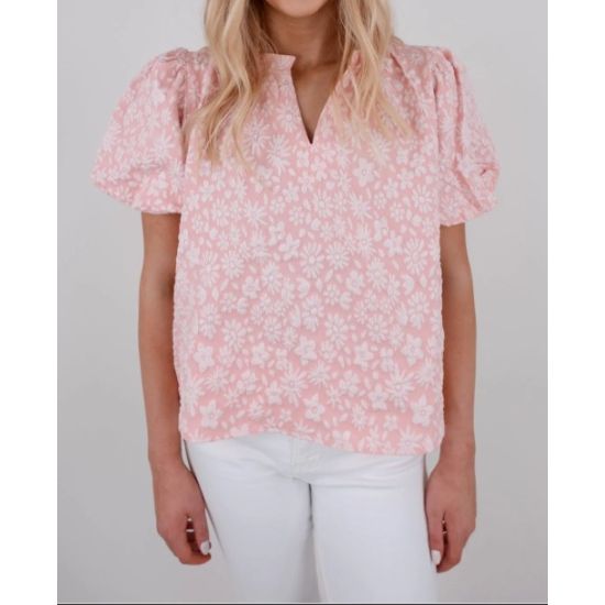 Blush Textured Floral Ruffle Neck Top