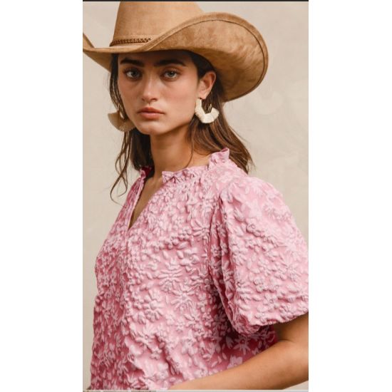Blush Floral Textured Ruffled V-Neck Balloon Sleeve Top