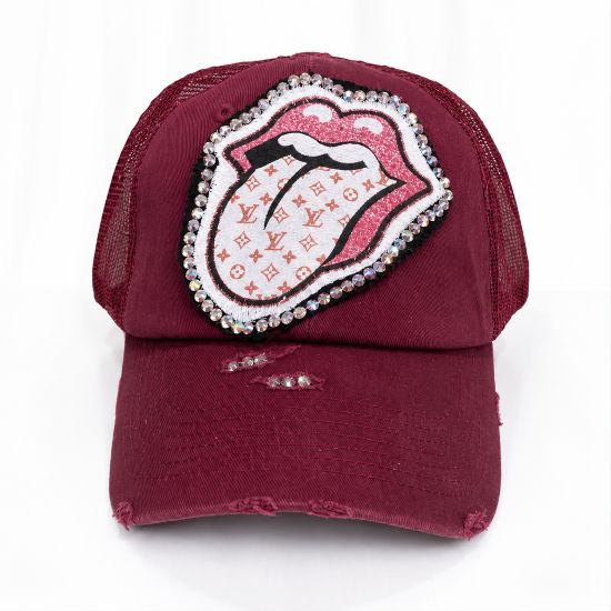 Burgundy Distressed Rhinestone Lips Trucker Cap