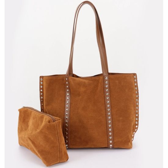 Camel Faux Suede Studded Tote Bag with Pouch