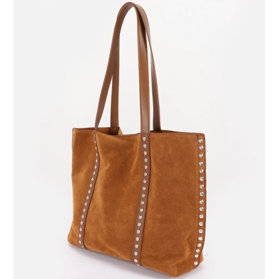 Camel Faux Suede Studded Tote Bag with Pouch