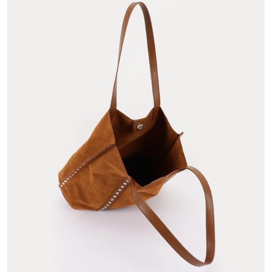 Camel Faux Suede Studded Tote Bag with Pouch
