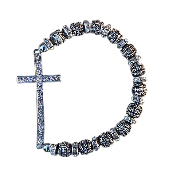 Rhinestone Sideways Cross Stretchy Bracelet with Silver Beads
