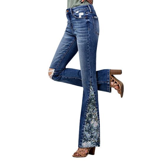 Stretchy Flare Jeans with Brocade Side Panels