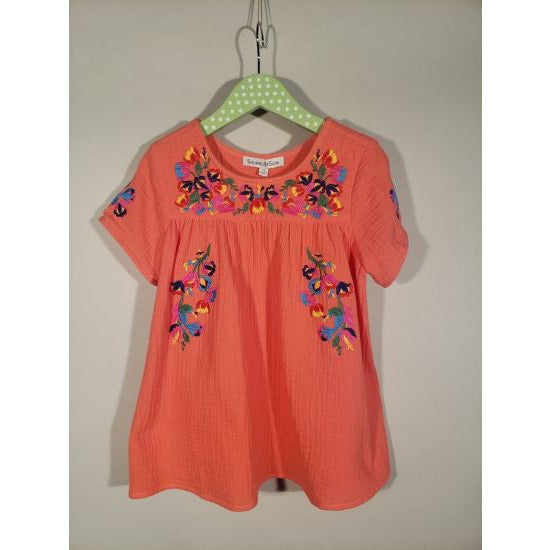 Girl's Coral Embroidered Top - Rhinestone Gal