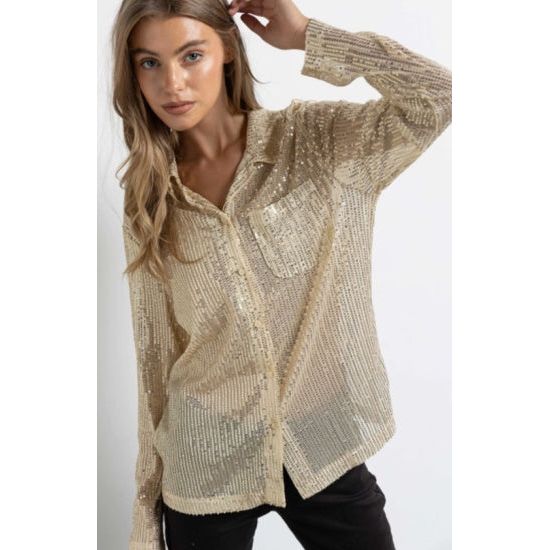 Gold Sequin Semi Sheer Button Down Top