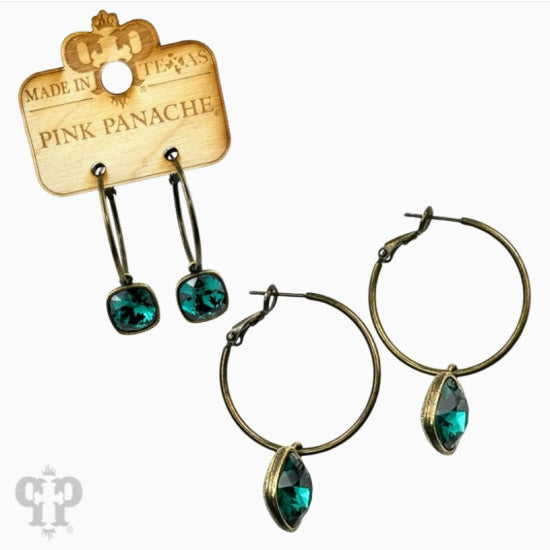 Pink Panache Bronze Hoop Earrings with Green Crystal