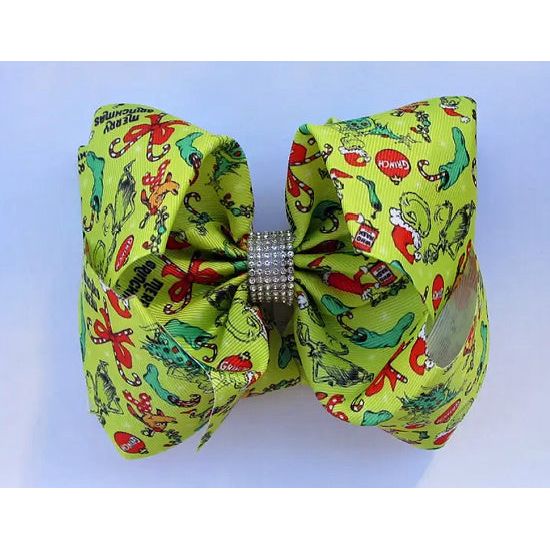 Grinch Print Hair Bow with Rhinestone Center