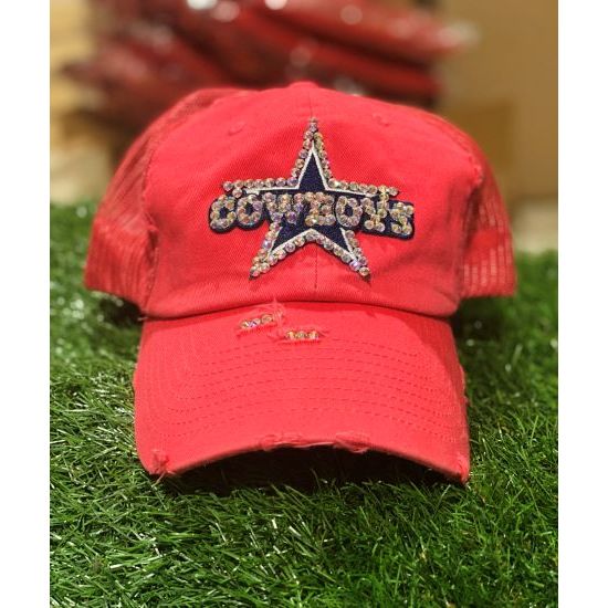 Hot Pink Distressed Truckers Cap with Cowboys Rhinestone Star