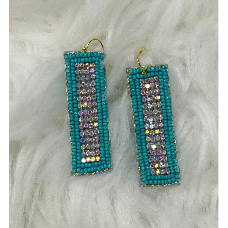 Turquoise Rectangle Rhinestone Seed Bead Earrings - Rhinestone Gal