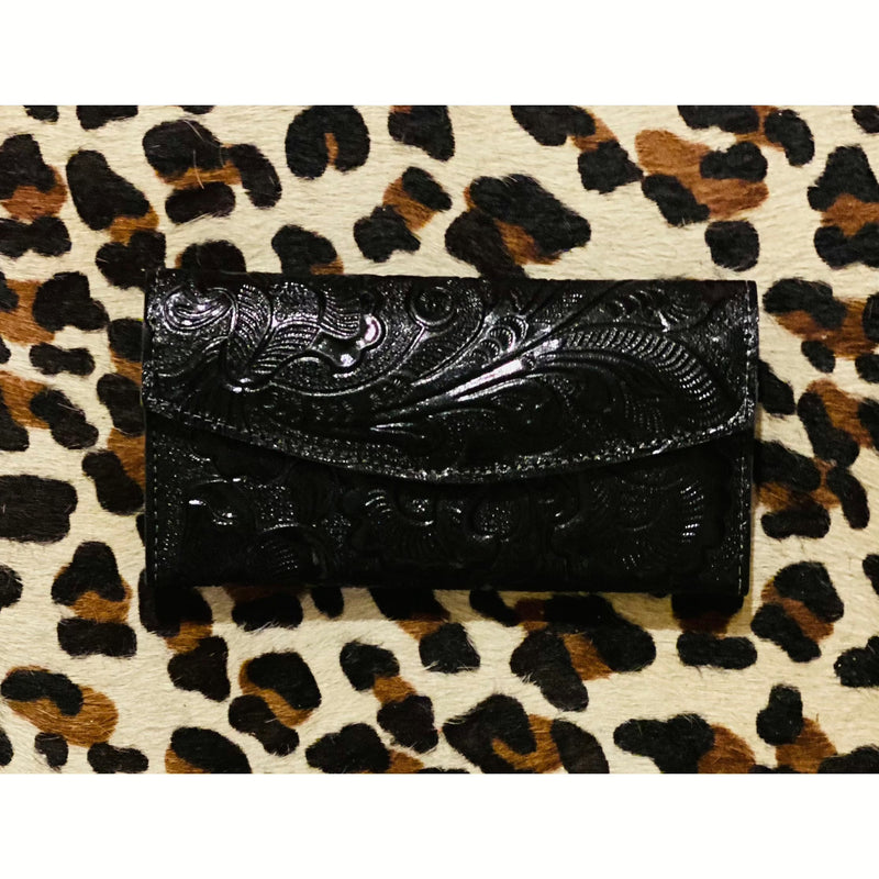 Tri Fold Tooled Leather Wallet - Rhinestone Gal