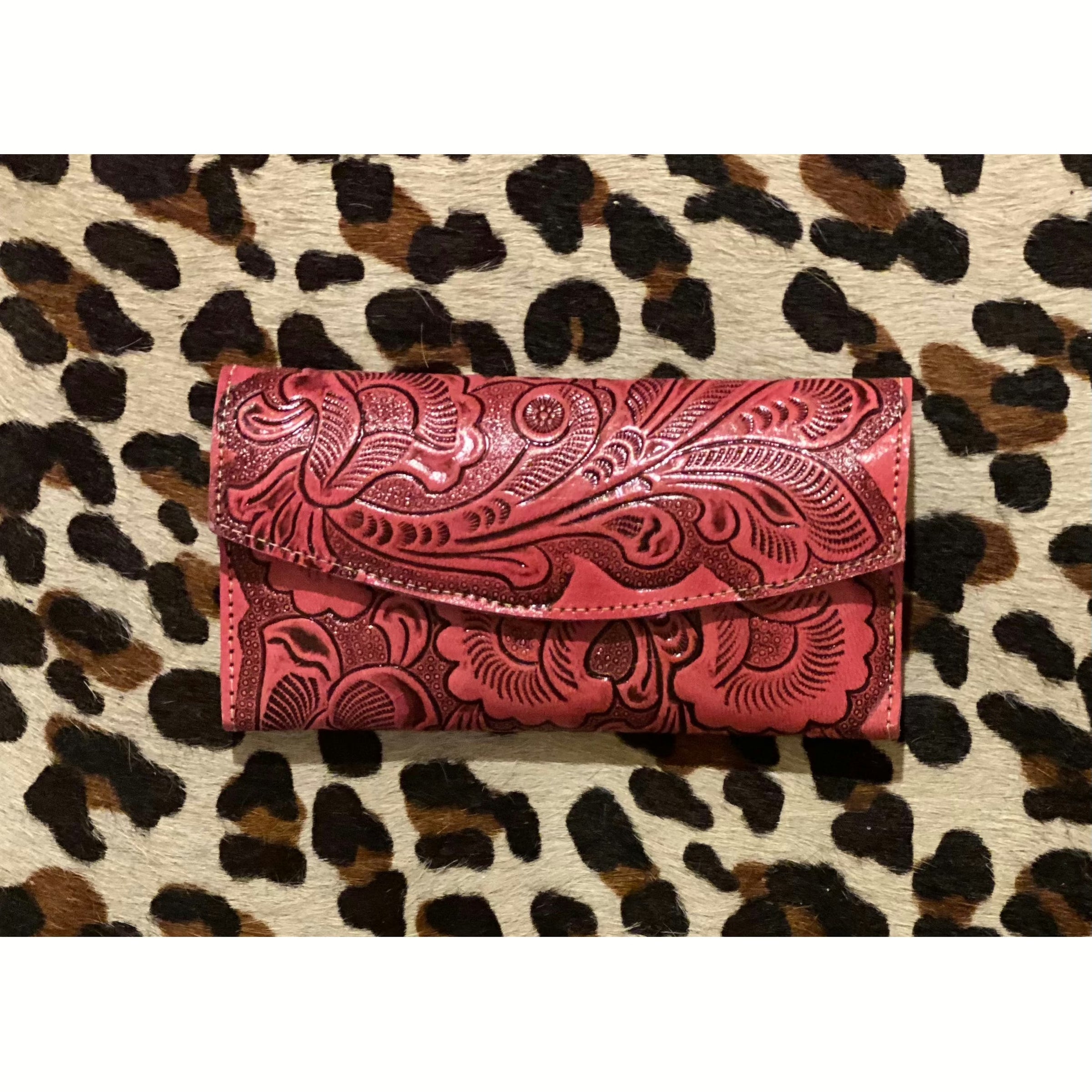 Tri Fold Tooled Leather Wallet - Rhinestone Gal