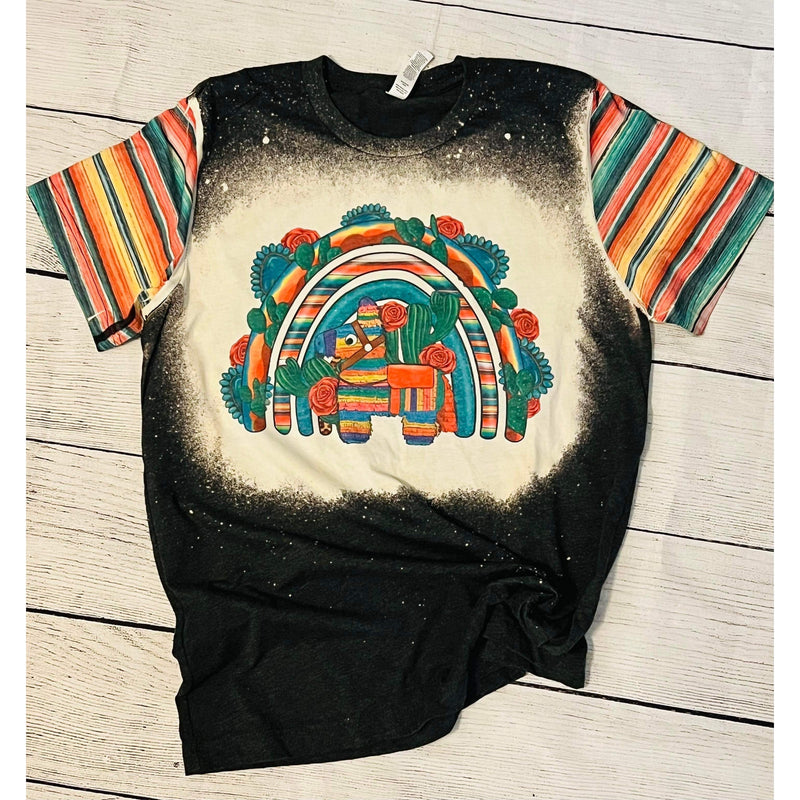 Fiesta Bleached Tee with Matching Serape Sleeves - Rhinestone Gal