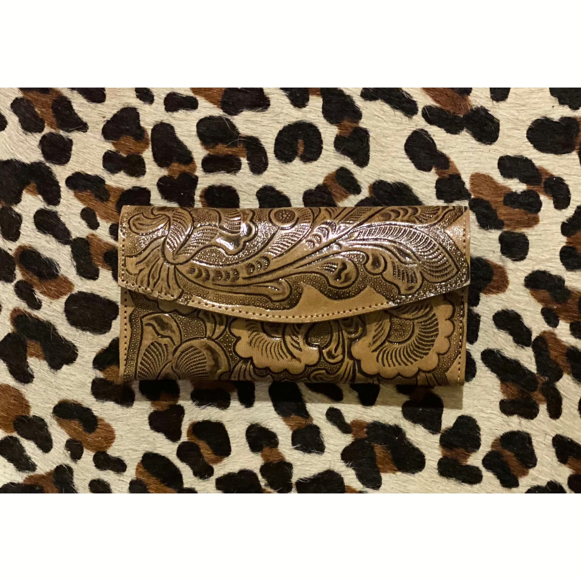 Tri Fold Tooled Leather Wallet - Rhinestone Gal